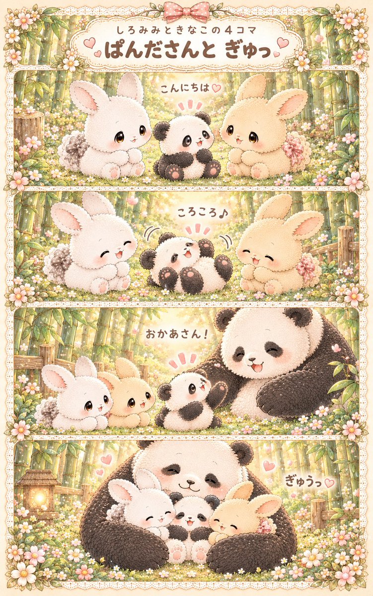 Shlromimikinako's tweet photo. ぱんださんと ぎゅっ🐼🤍

ちいさなパンダさんと
ころころ、なかよく遊んでいたら……🐰🐰🐼🌼

お迎えにきたお母さんが、
みんなまとめて、ぎゅううっ🥰💕

おおきなぬくもりに包まれて、
みんなにこにこです🐼🤍

#パンダの日
#しろみみときなこ https://t.co/tk64aG2Zwm