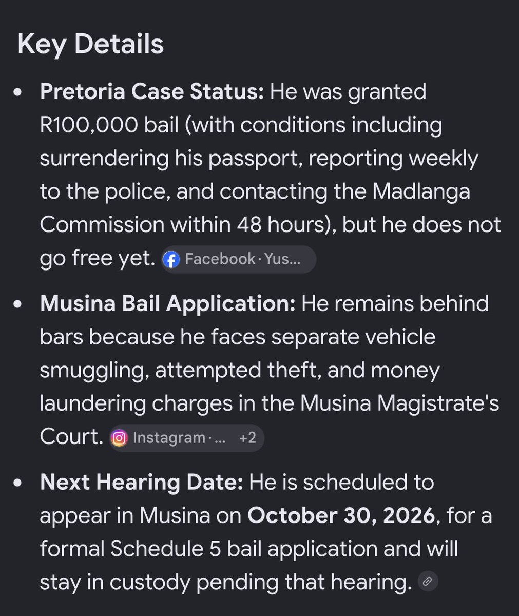 DiscerningDeb's tweet photo. @KenzieGoldberg According to @Abramjee he remains behind bars until his Musina bail hearing. Google confirms it. Quite surprising… https://t.co/IYl3PLdfh1