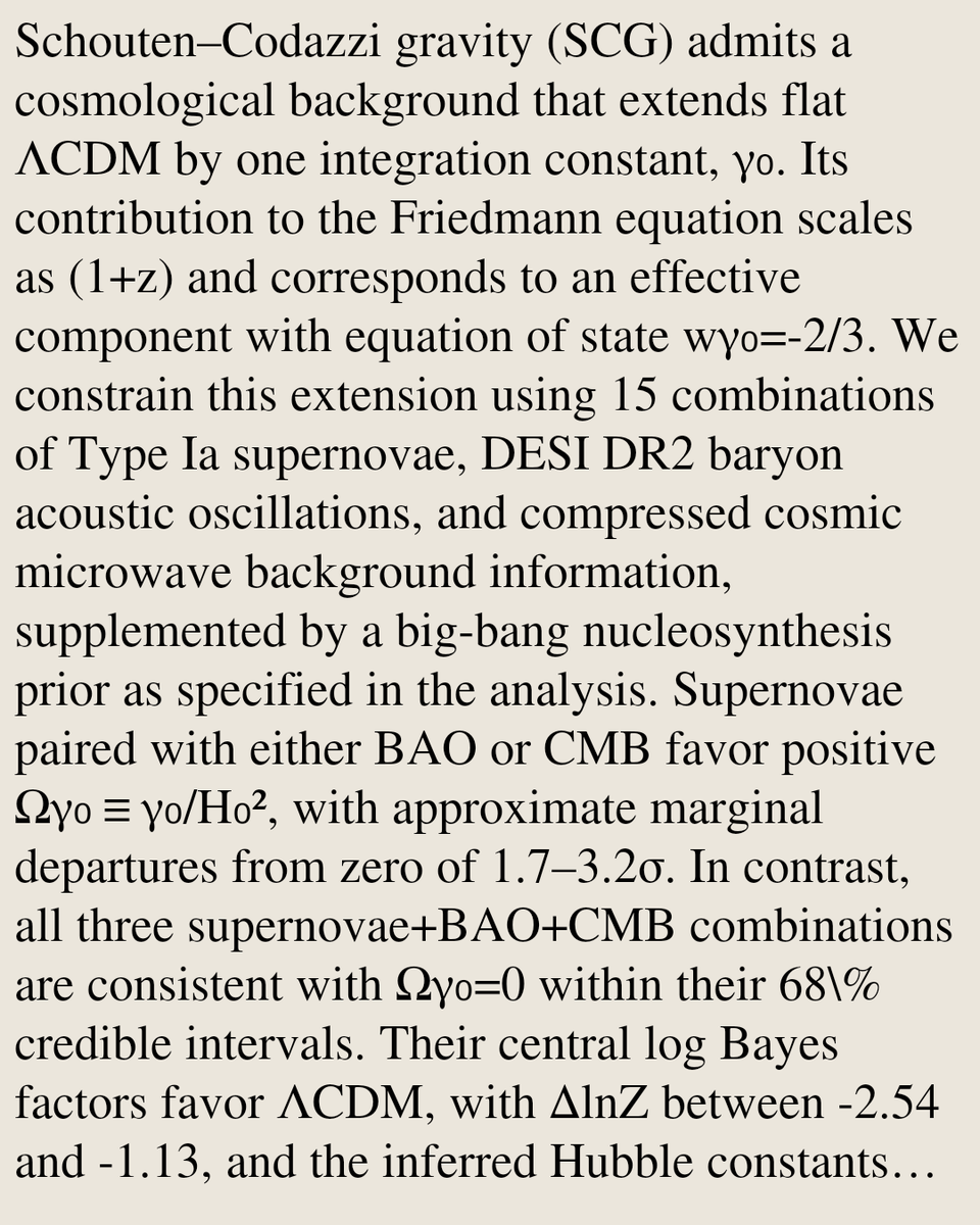 PhysicsPaper's tweet photo. Testing Schouten–Codazzi Gravity: Cosmological Constraints and Deviations from ΛCDM

Andoni Fontanet, Andrea Valencia, Shahnawaz A. Adil, Sebastián Nájera, Roberto A. Sussman, J. Alberto Vázquez, Juan Carlos Hidalgo
https://t.co/wkLIpcuIrB [𝚙𝚑𝚢𝚜𝚒𝚌𝚜.𝚐𝚎𝚗-𝚙𝚑] https://t.co/oHmtKbH6eP