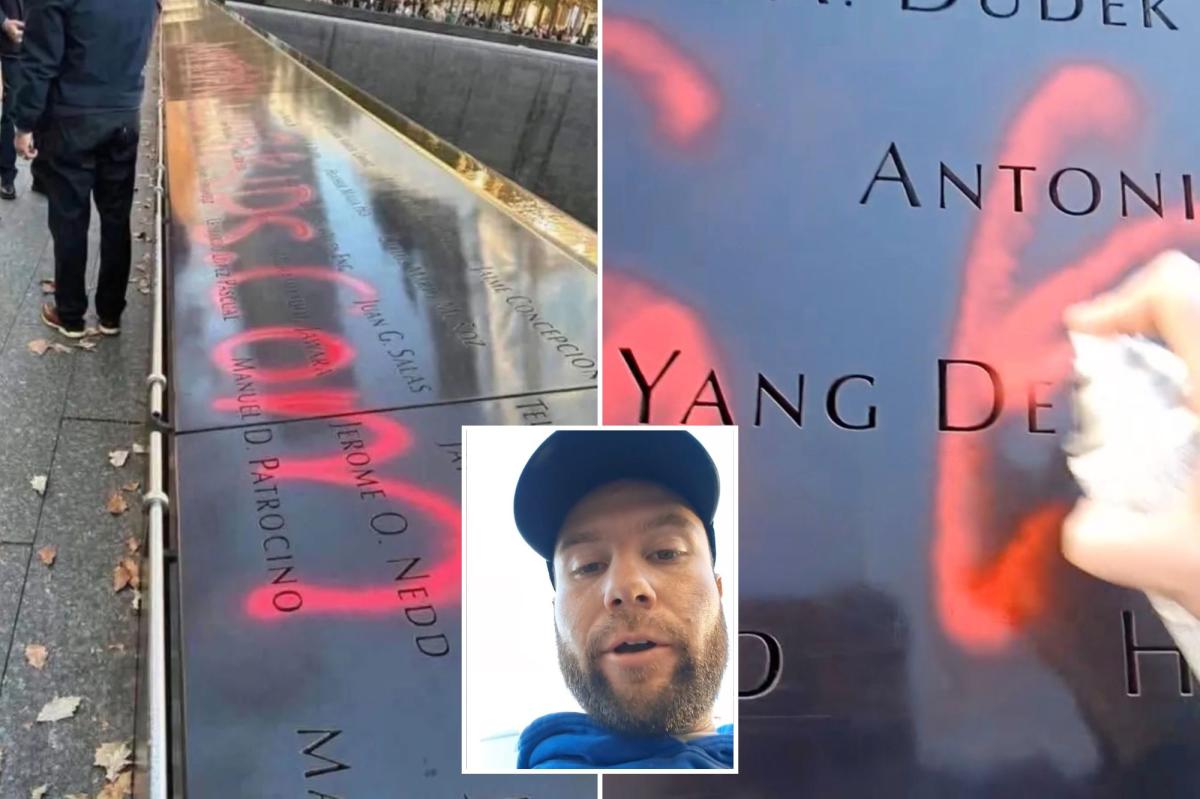 nypost's tweet photo. Gun control nut spray paints 9/11 Memorial with 'Just Stop Killing Kids' in broad daylight stunt https://t.co/VoMAgLXyZs https://t.co/LS9kN6RAOm