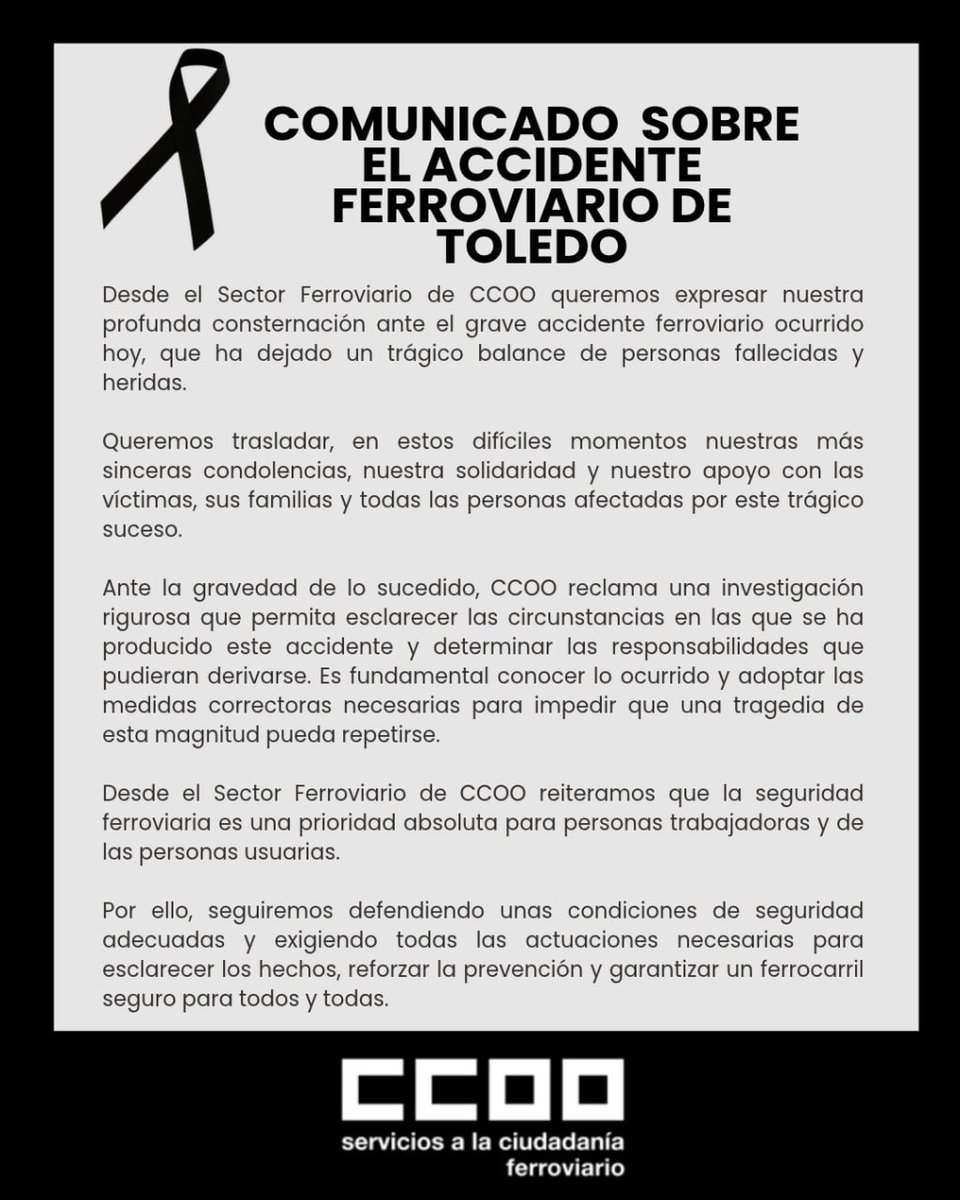 CCOO_FER's tweet photo. ⚠️ COMUNICADO SOBRE EL ACCIDENTE DE TOLEDO https://t.co/tfDBEw1XIm