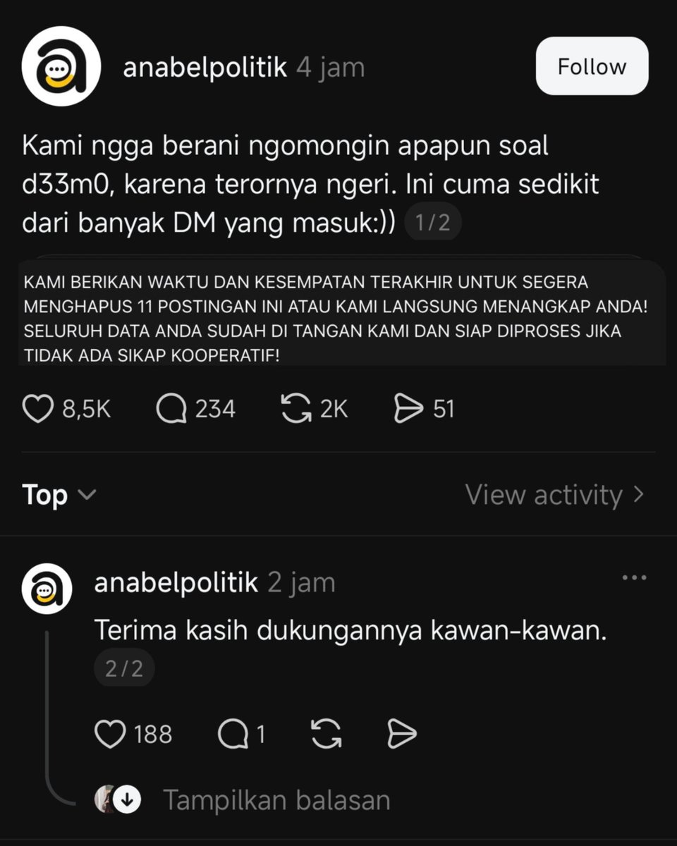 reylevant's tweet photo. Ngeri banget teror dari rezim sekarang, bisa bisanya ngancem kalo postingan ngga di hapus bakal langsung ditangkap dan di proses 😢 https://t.co/wvp7qdUJVM