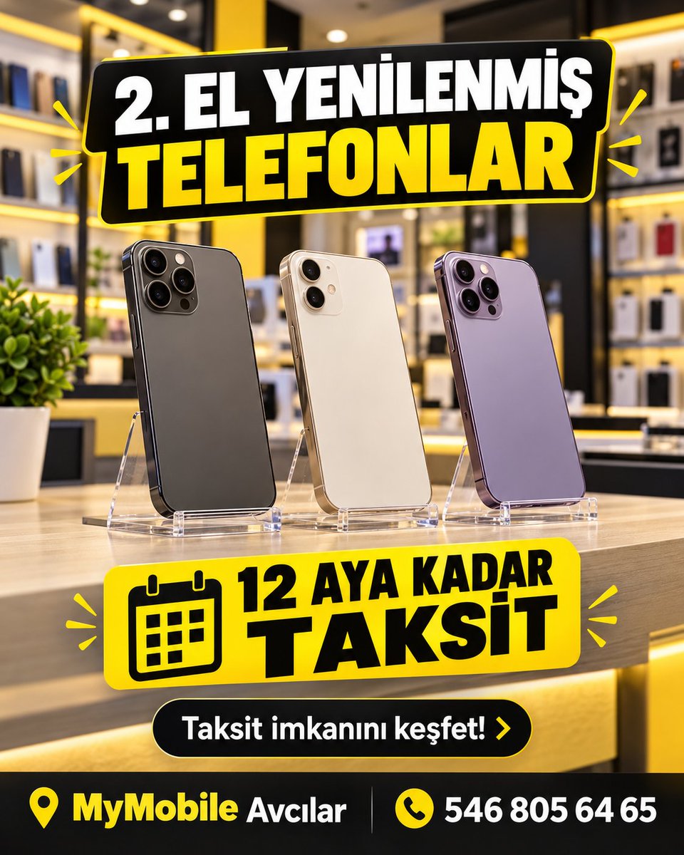 UPTAvcilar's tweet photo. Yenilenmiş telefonunuzu MyMobile Avcılar’dan seçin, 12 aya kadar taksit imkânını değerlendirin!
Modeller ve taksit koşulları hakkında bilgi almak için mağazamıza uğrayın veya bizi arayın.
📍 MyMobile Avcılar
📞 546 805 64 65
#MyMobile #Avcılar #YenilenmişTelefon #İkinciElTelefon #Taksitİmkanı #AkıllıTelefon