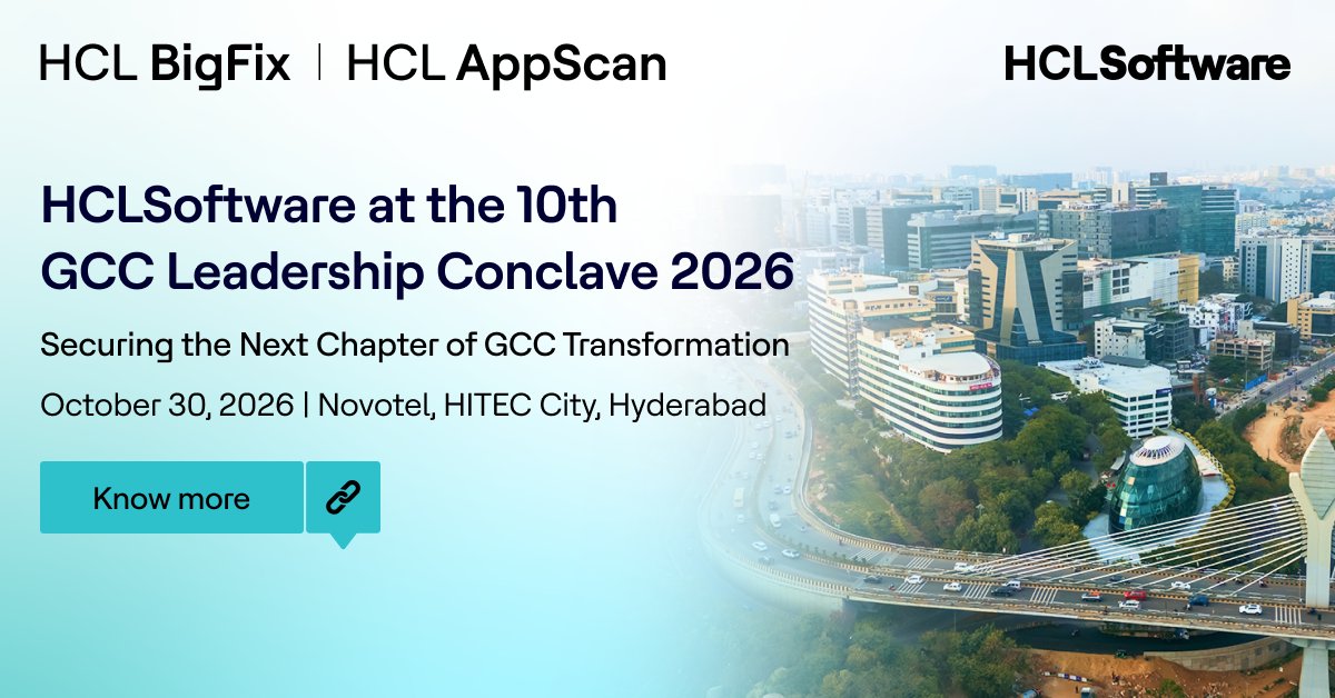 HCLSoftware's tweet photo. GCCs are evolving into innovation hubs. Secure, resilient digital foundations are key to their growth.
At the 10th GCC Leadership Conclave 2026, explore how #HCLAppScan, #HCLBigFix, #HCLDevOps and #HCLDomino support secure, scalable operations.
➡️ https://t.co/drOHpoCpF9 https://t.co/gSAcZCgXFl