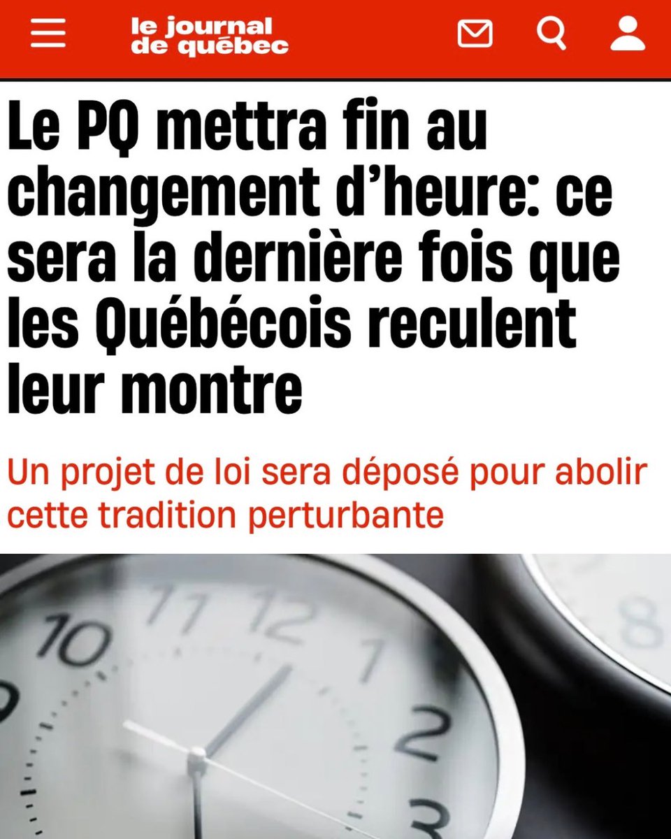 PaulPlamondon's tweet photo. Samedi il s’agit fort probablement de la dernière fois qu’on recule l’heure au Québec.

Dans les dernières années, le Parti Québécois a pris position à plusieurs reprises pour remettre en question le changement d’heure. Les études démontrent que cette pratique est contre-productive pour la santé et qu’elle posait des difficultés d’adaptation aux enfants. 

Notre intention est d’agir correctement et intelligemment : nous allons donc entendre tous les spécialistes pour valider ce qui semble être un consensus selon lequel cette pratique est contre-productive, mais également pour être certain de bien préparer le terrain et de bien déterminer s’il serait préférable d’opter pour l’heure d’été ou pour l’heure normale. Ces consultations débuteront dans les prochains mois, ce qui nous permettra d’entendre les experts dans une courte commission parlementaire.

Chers parents qui en ont pour plusieurs semaines à gérer la réaction de leurs enfants à ce changement d’heure, ceci est probablement la dernière année durant laquelle nous nous imposons de telles contraintes inutiles. Nous invitons la population à suivre de près nos travaux.