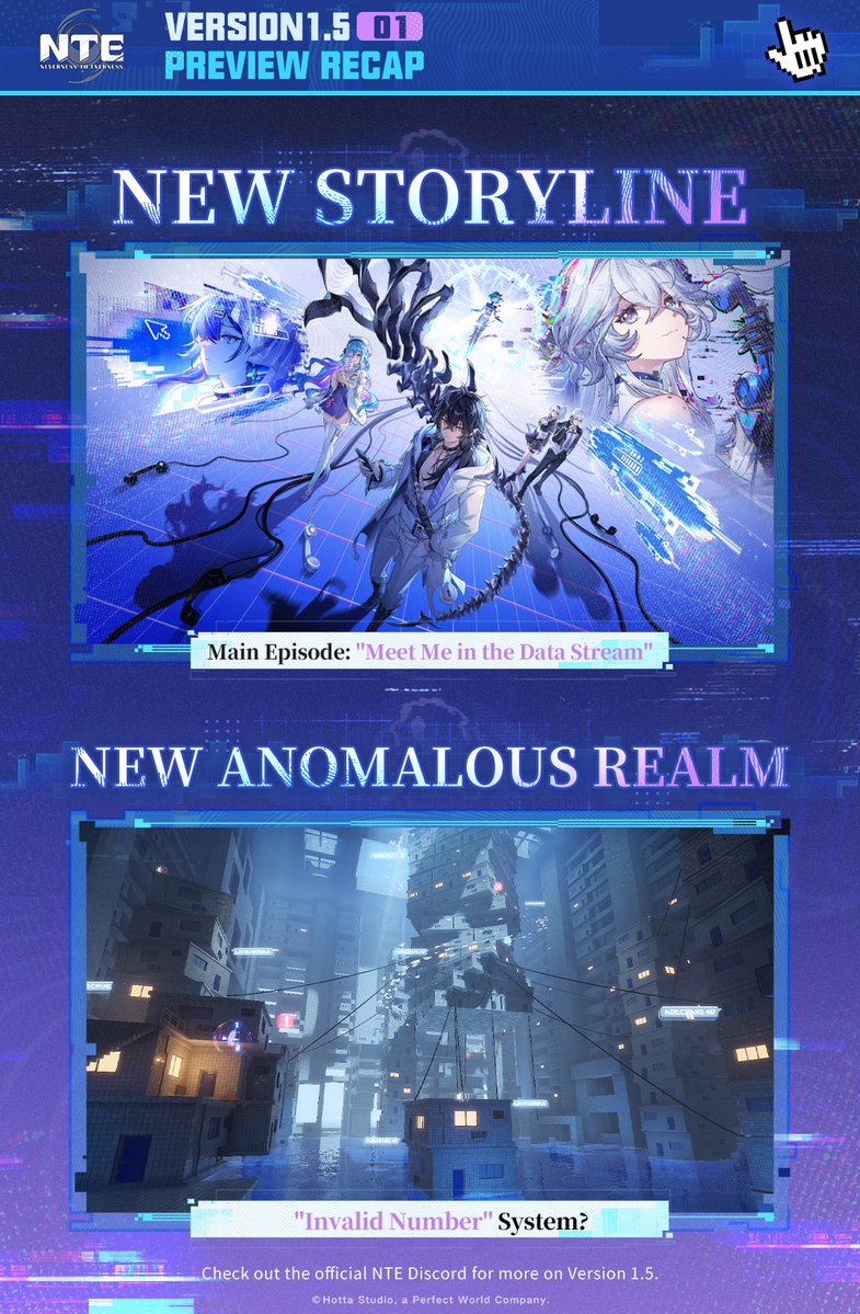 NTE_GL's tweet photo. NTE Version 1.5 Preview Special Program | Intel Recap

It's a wrap on the Version 1.5 Preview Special Program! Thanks for tuning in, Appraisers. We've put together a rundown of the biggest reveals from the program. Check out the images below!

For more on Version 1.5, head over to the official NTE Discord server >> https://t.co/vaw5A1m9RB

>>>What's Inside<<<
▸ New Story Episode & Anomalous Realm
▸ Characters & Outfits
▸ Vehicles & Gameplay
▸ Version 1.5 Rewards

#NTE #NevernesstoEverness #NTESpecialProgram