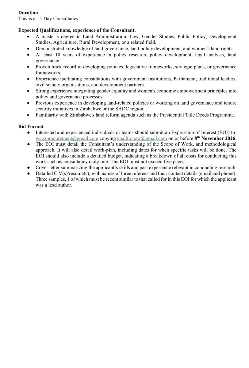 WCOZIMBABWE's tweet photo. 📢 CALL FOR CONSULTANTS
We are engaging a consultant to develop a Model Land Policy to advance gender-responsive land governance and secure women's land rights in Zimbabwe.

🗓️ Deadline: 8 Nov 2026 

📧 Submit EOIs to: wcozprocurement@gmail.com cc: coalitionzw@gmail.com https://t.co/XHBtzpr62e