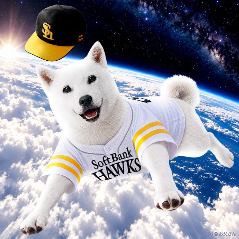 SoftBank's tweet photo. お父さん「ホークスが2年連続日本一だ！喜びすぎて、宇宙まできてしまったぞ」 

福岡ソフトバンクホークス⚾
✨祝✨ #2年連続日本一 ！

#sbhawks https://t.co/TMzCDcWHY9