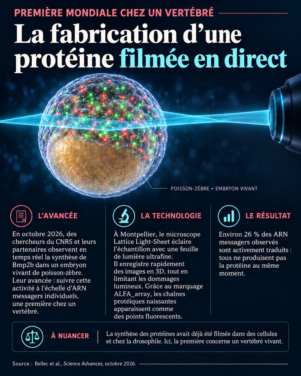 aympontier's tweet photo. Première mondiale pour des scientifiques 🇫🇷 qui ont filmé en direct la fabrication de protéines chez un vertébré vivant : le CNRS a utilisé un microscope avec le système ALFA_array pour voir comment certaines régions de l'ARN contrôlent la fabrication des protéines.
https://t.co/eJYPSESNft