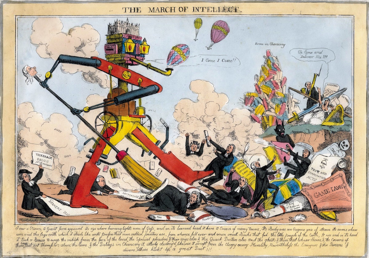 PublicDomainRev's tweet photo. An automaton fuelled by tomes of newly available knowledge sweeps away the old society. No, not a self-portrait by ChatGPT in the style of a Georgian satirical print, but one of several “March of Intellect” cartoons published ca. 1828: https://t.co/01UrRs5C1q https://t.co/lGs9qD3tPm