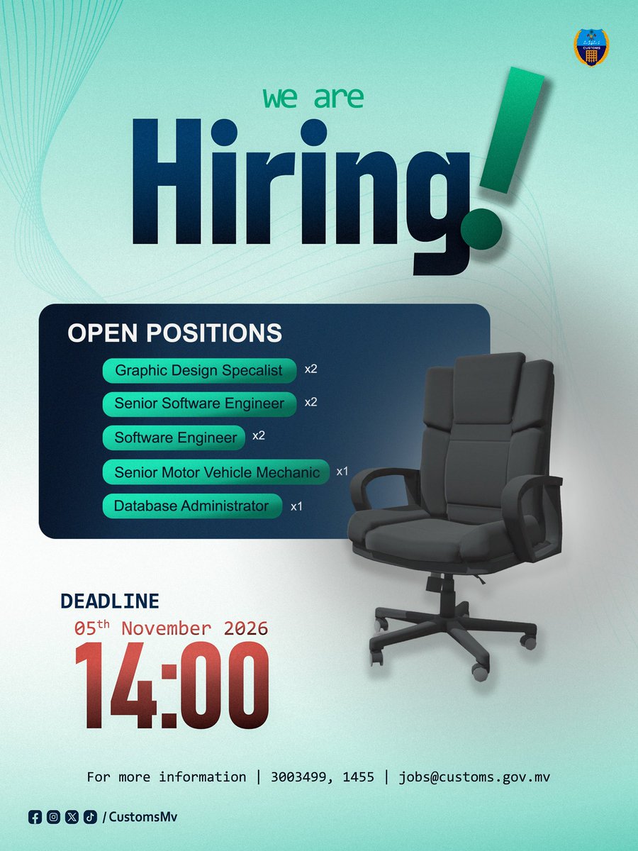 CustomsMv's tweet photo. 📢 We’re Hiring!

Ready to take the next step in your career? Join our team!

Positions open:

🎨 Graphic Design Specialist — 2
💻 Senior Software Engineer — 2
💻 Software Engineer — 2
💻 Database Administrator — 1
🔧 Senior Motor Mechanic — 1 https://t.co/ydybfqyplm