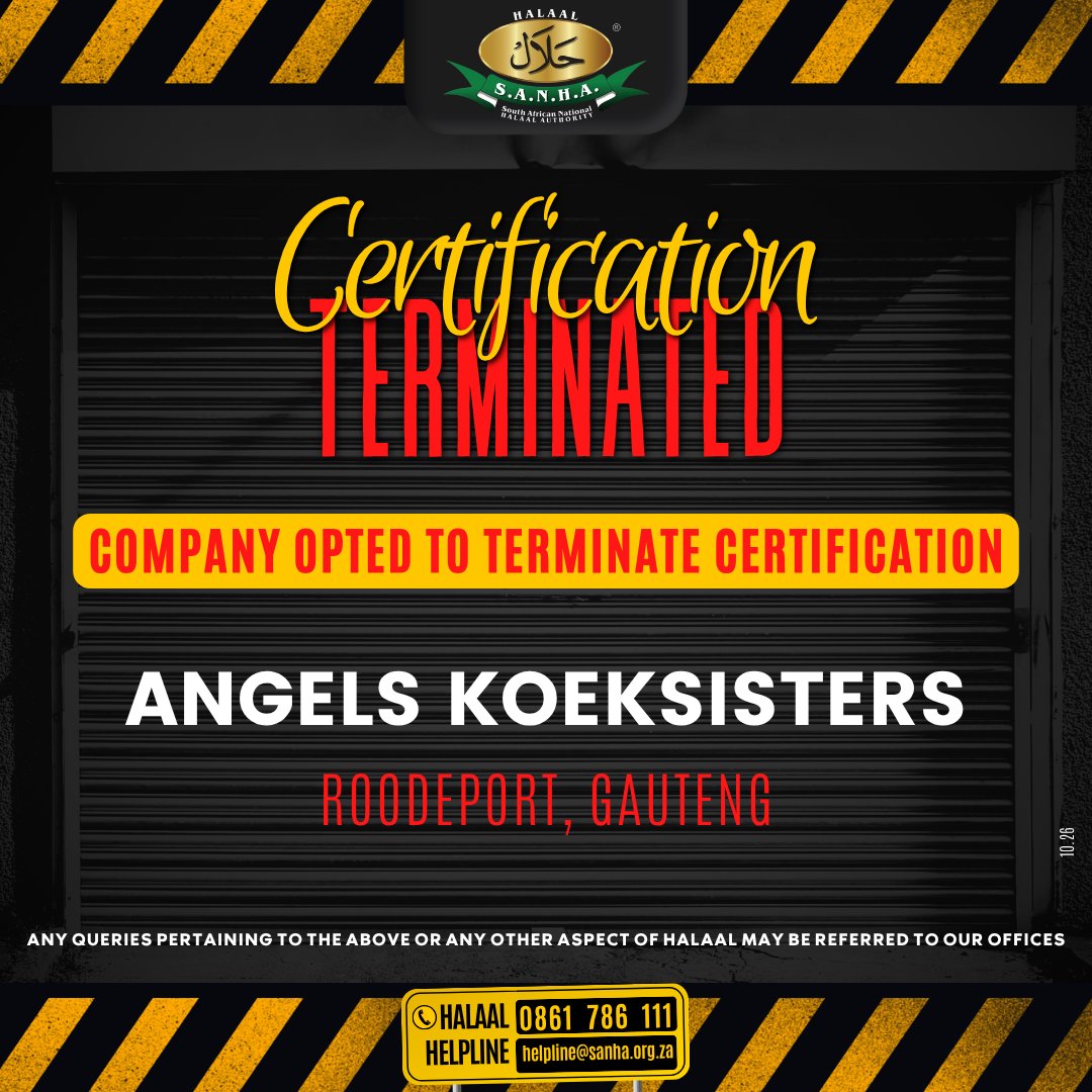 SANHA_Halaal's tweet photo. 🚫CERTIFICATION TERMINATED

As SANHA’s certification, audits, and ongoing monitoring have ceased, SANHA can no longer attest to or take responsibility for the Halaal status of this establishment.

❓ “Why does SANHA issue these notices?”

This notice is issued to inform consumers of the revised status of the store, enabling them to make informed decisions.

The declaration of what is Halaal or Haraam remains the exclusive right of Allah Ta’ala alone. For a detailed explanation, please refer to SANHA Flash News No. 88: https://t.co/1X9N2oEMga