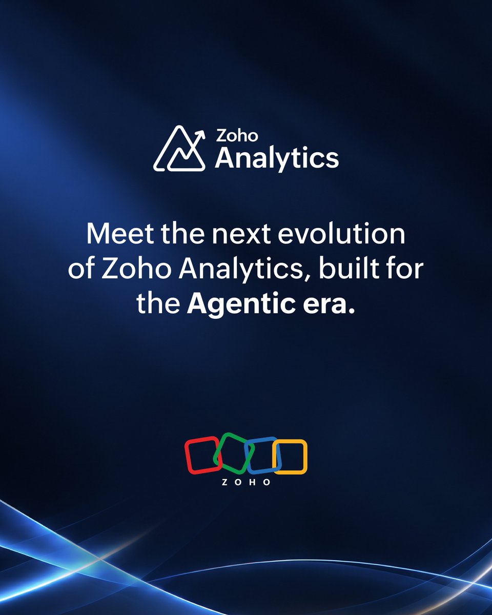 Zoho's tweet photo. Introducing the new @ZohoAnalytics, built for the agentic era! ✨

It now brings your data, business context, and AI agents together to help you uncover insights faster and get more done.

From orchestrating six specialized agents with Ask Zia - the super agent, to building custom agents and connecting with AI tools like Claude, you have more ways to bring AI into your analytics workflow. Plus, Ask Zia supports Zoho’s own LLM and external models like OpenAI’s!

Read more on the latest updates here 👉 https://t.co/cktGsYEM8Y