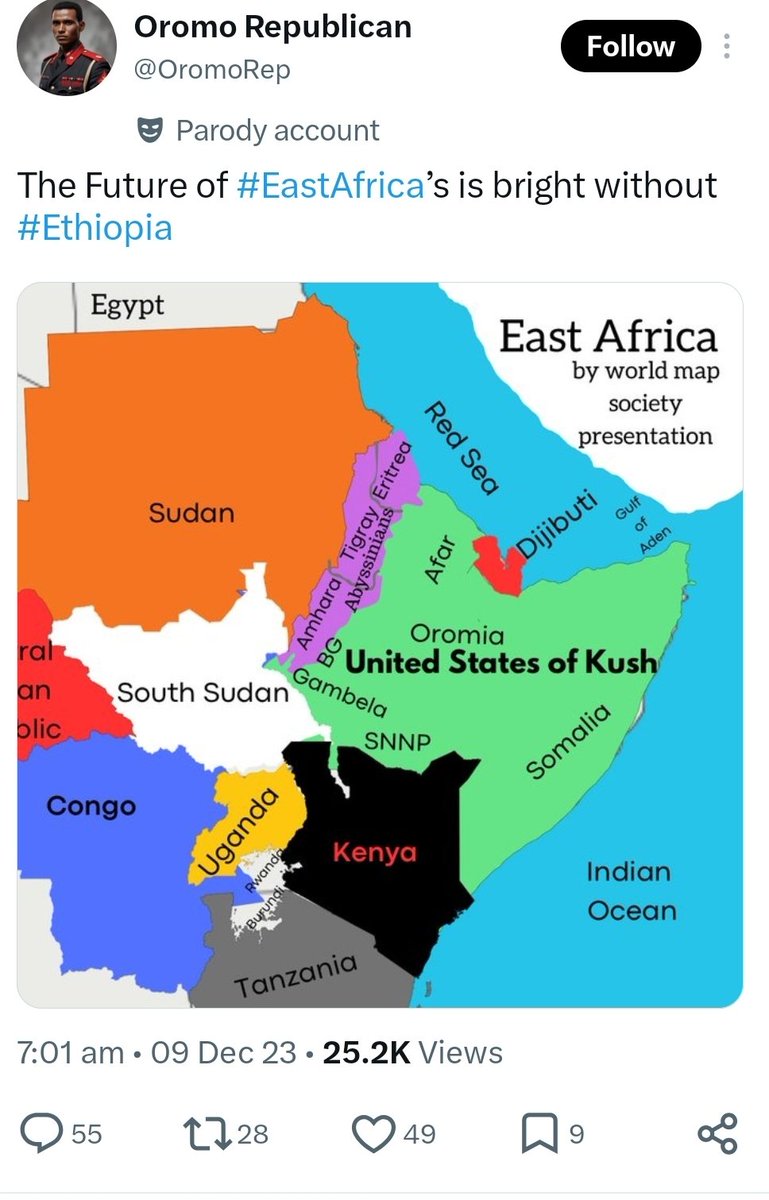 AbdullahiDerow's tweet photo. I came across these maps titled “United States of Kush” or expanded “Oromiyaa” that absorb Djibouti, parts of Somalia, Kenyan border areas and coastal access and treat neighbouring territories and populations as available for absorption, which violates territorial integrity and minority rights.

Oromummaa as language and Gadaa is one thing. As a political ideology legitimising maximalist claims against other groups inside and outside Ethiopia, it drives conflict. @AbiyAhmedAli’s framing of Red Sea access as an existential or historical right compounds it. 

Ethiopia lost sovereign ports with Eritrea’s independence; demanding Assab or pursuing unilateral deals like the Somaliland MoU rejected by Somalia is irredentist rhetoric, not ordinary diplomacy. Linking events such as Irreecha to future Red Sea celebrations makes the ethnic strand explicit. Eritrea, Somalia and Djibouti have reason to treat it as a threat.

Cultural self-assertion within existing borders is legitimate. Maps that erase other peoples’ lands, sea-access rhetoric as destiny, and regional forces settling disputes are not. They heighten risk across the Horn and reject the principle that neighbouring peoples also possess rights to the lands they inhabit.