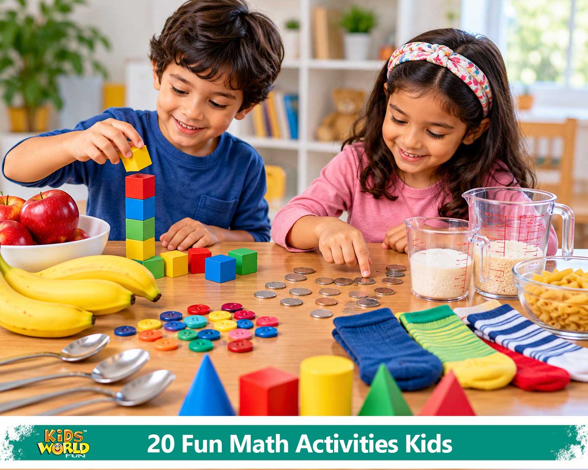 kidsworldfun's tweet photo. Math is everywhere! 🔢 Use coins, buttons, blocks, socks &amp; kitchen items to help kids practice counting, shapes, fractions, measurement &amp; problem-solving through play.

Explore 20 fun math activities for kids:
https://t.co/28mmerEFks
#MathForKids #KidsWorldFun https://t.co/hvwSQPzYgW