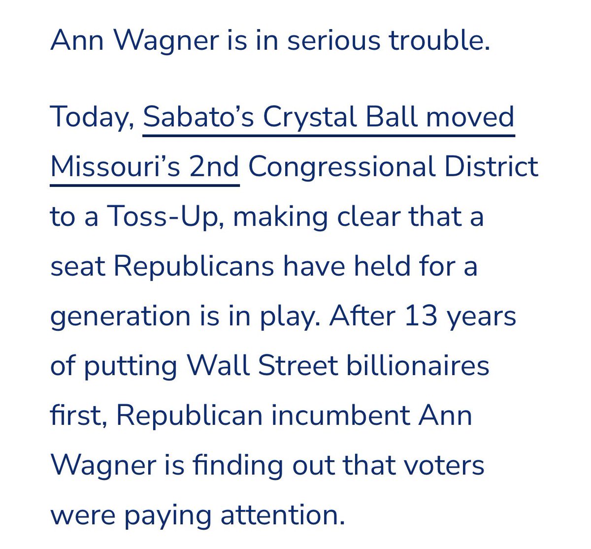 WellmanForMO's tweet photo. HUGE‼️‼️

@LarrySabato’s Crystal Ball has just moved #MO02 to a TOSS-UP! We’re just 6 days out from Election Day, and early voting is happening now.

Share this post with 3 friends and remind them to go vote!

#TeamWellman #StLouis https://t.co/WvM73EkEFL