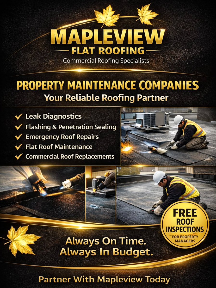 MapleviewOnt's tweet photo. Property maintenance companies know one thing better than anyone… Roof problems never wait for a convenient time. At Mapleview Flat Roofing, we work alongside maintenance teams to solve roofing issues quickly, properly, and without disrupting your schedule. From small repairs https://t.co/Ywtv29ZSQD