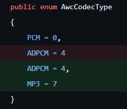 TexFunz2's tweet photo. @_f121_ @smallo92 You see the Codec value being set to 7? Check the same radio song in Legacy thru Codewalker and see its Codec set to ADPCM, as value 4.

7 is referred to as AUD_FORMAT_MP3 within GTAV as per leaked source code.

You can look up audStreamFormat within WaveFormatChunk.cs to verify. https://t.co/uOiTA3bNRx