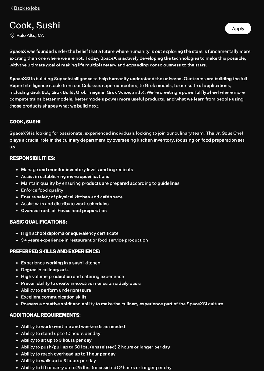 Polymarket's tweet photo. JUST IN: SpaceXSI is hiring a sushi cook to prepare meals for employees building superintelligent AI. https://t.co/mJ07LhWYMy