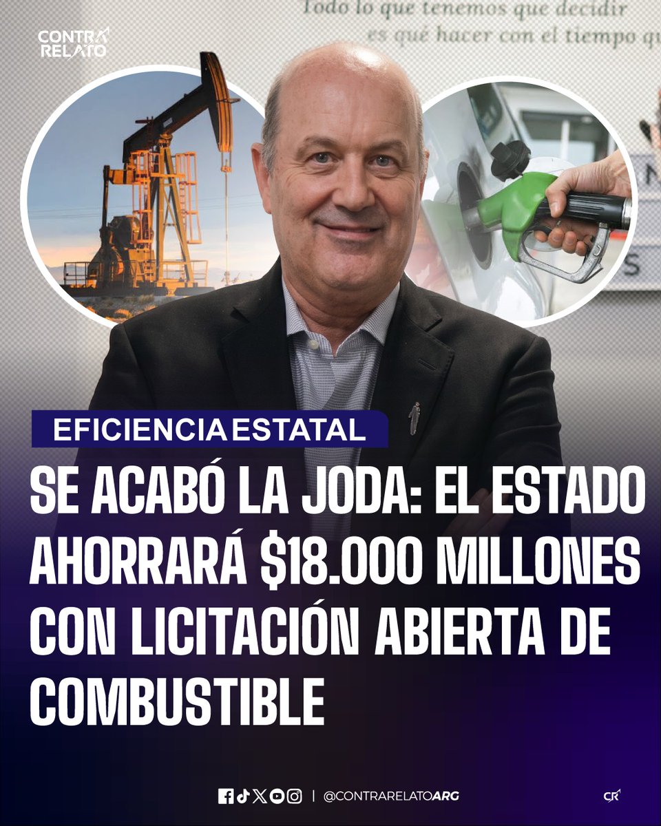 contrarelatoarg's tweet photo. El Gobierno nacional dio de baja decretos kirchneristas del año 2012, obligando al Estado a comprar combustible exclusivamente en YPF sin posibilidad de negociar precios y competir. Con esta modificación, las principales petroleras compitieron entre sí y ofrecieron rebajas de hasta el 4% en surtidor, lo que garantizará un ahorro de combustible estimado en 18.000 millones de pesos durante los próximos dos años.

Esta decisión incorporó además el uso obligatorio de telemetría y rastreo satelital por GPS en toda la flota de vehículos públicos sin costo adicional. Con este sistema de monitoreo en tiempo real sobre el consumo y la ubicación de cada unidad, la gestión libertaria busca erradicar de forma definitiva el desvío de combustible y la vieja costumbre de utilizar los autos oficiales para fines personales a costa de los contribuyentes.
