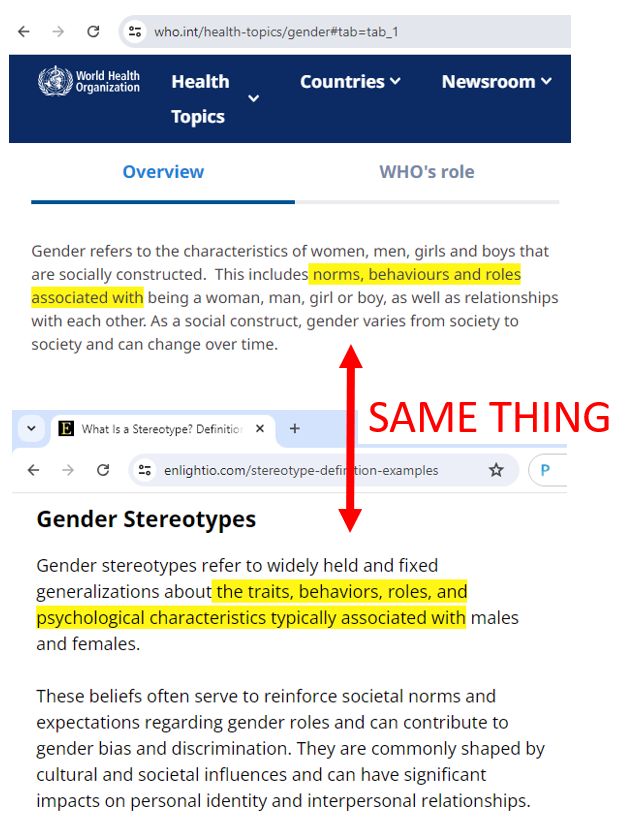 RichardAMcGough's tweet photo. In all those random rambling words, she finally stumbled upon the truth: "It's all about the definition of girl." 

Like most Woke ideologues, she constantly conflated sex with gender & spoke as if biological sex can be "assigned at birth" & changed at will. 

Nothing could be more absurd. The word "gender" means nothing but sex-based stereotypes. 

TOP: Definition of "gender" by the WHO
BOTTOM: Definition of "gender stereotypes"