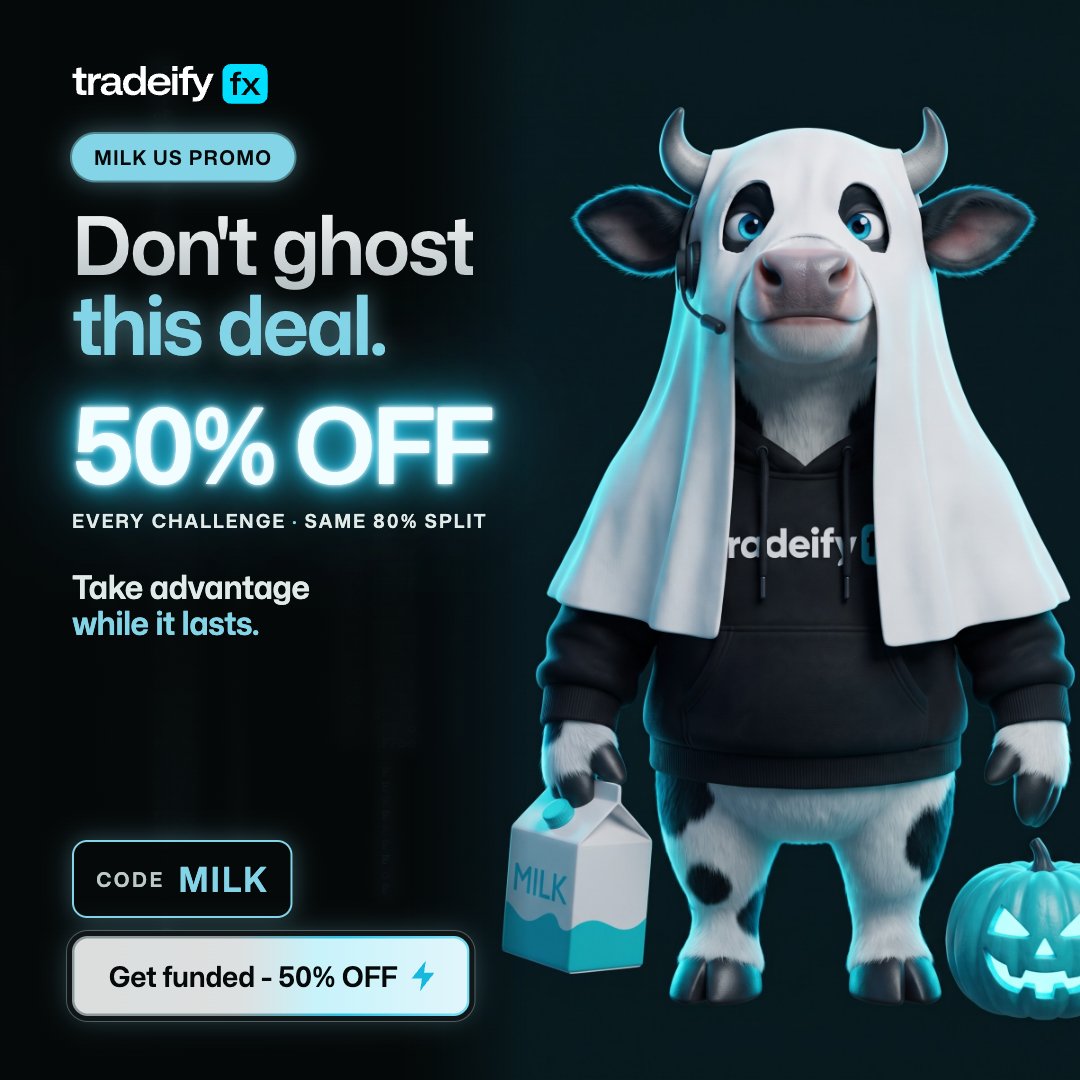 tradeifyforex's tweet photo. 👻 Don’t ghost this deal.

50% OFF every challenge with code MILK.
Same 80% split. 🥛
Take advantage while it lasts. 👀

👉 https://t.co/joza95cBxA https://t.co/Qc6vCRNl5U