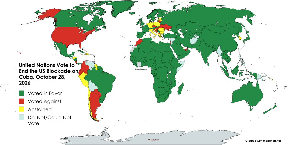 AlanRMacLeod's tweet photo. Breaking: For the 34th time in a row, the world overwhelmingly votes to condemn and end the illegal US 🇺🇸 blockade of Cuba 🇨🇺. 

Here's a map I made of the official vote. https://t.co/ekcdHSi5hm