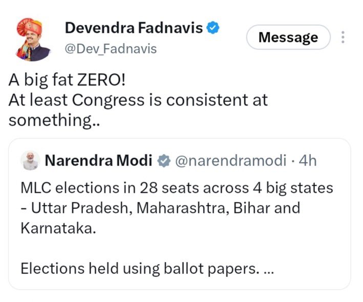 DrNimoYadav's tweet photo. Fadnavis deleted his tweet the moment Congress won the Nagpur seat

PS: Nagpur is Fadnavis’s political stronghold as well as his hometown. https://t.co/NnNxXVTD4L
