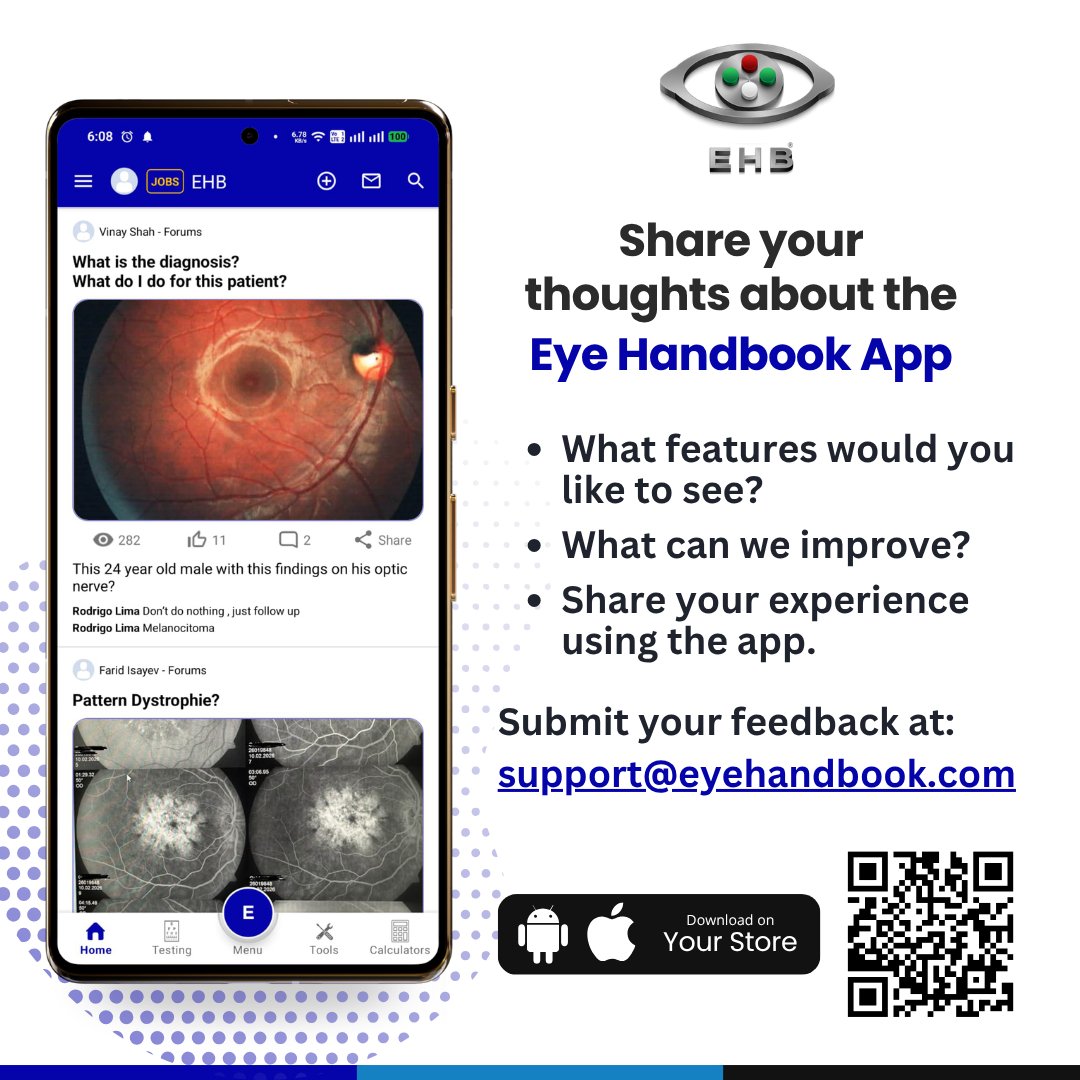 EyeHandbook's tweet photo. Eye Handbook is built for eye care professionals, and your feedback helps us make it even better.
#ophthalmologist #optometrist #clinicalcalculators #eyecalculators #eyeatlas #eyedoctors #ophthalmology #optometry #cornea #ophthalmologyresident #retina #optometryresident #eyes https://t.co/PHxFBEEfA8