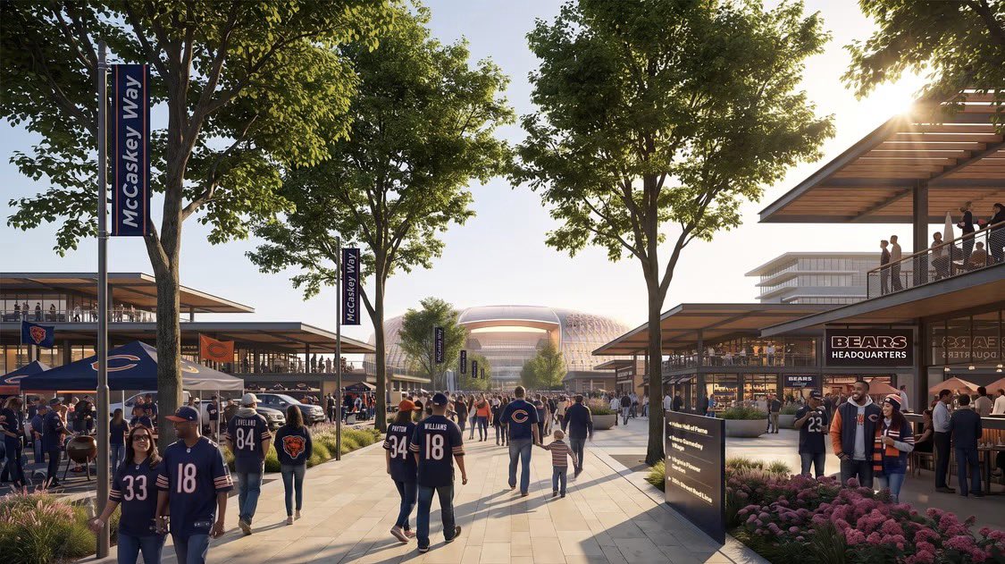 Directhim's tweet photo. A little stadium news
Architecture firm Skidmore, Owings &amp; Merrill has unveiled a concept stadium proposal for the Chicago Bears at 35th &amp; Shields, should the White Sox relocate.

The vision includes a new stadium, entertainment district, housing, parks, and more. 
@SOM_Design https://t.co/V4gH3cpPXn