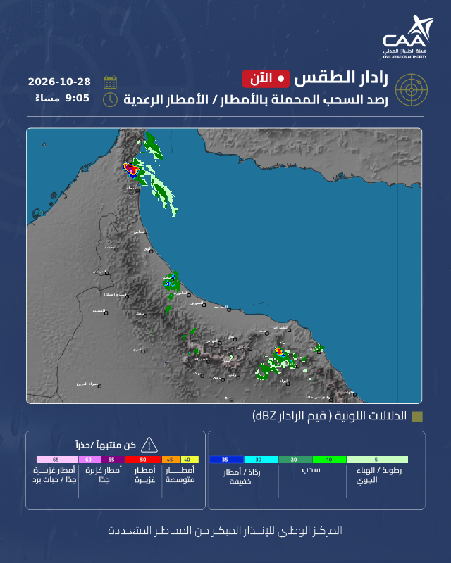 هطول امطار متفاوتة الغزارةمصحوبة بتساقط البرد على اجزاء من محافظة مسندم و محافظات شمال الب…