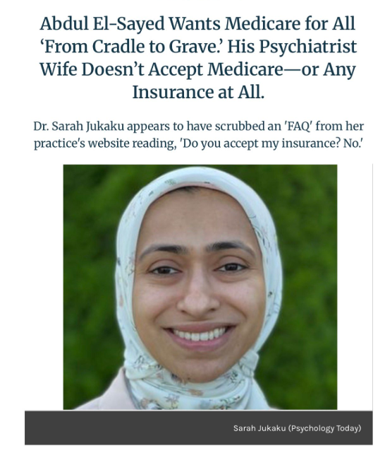 DanTheZionist's tweet photo. @AbdulElSayed If Medicare for All is such a good policy, then why does Abdul's wife refuse to take Medicare from her patients? https://t.co/DvjrQNwU1g