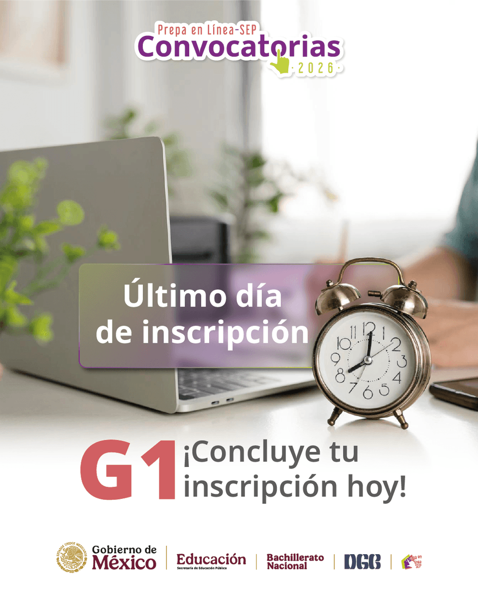 PrepaLineaSEP's tweet photo. 📢 Hoy concluye el periodo de registro para la generación 1.

🔔 No dejes pasar la oportunidad y termina tu inscripción antes de que termine el día. 👇
https://t.co/vawWNZXg4m

#Convocatorias2026PLSEP #PLSEPG1 https://t.co/knlh0tlgid
