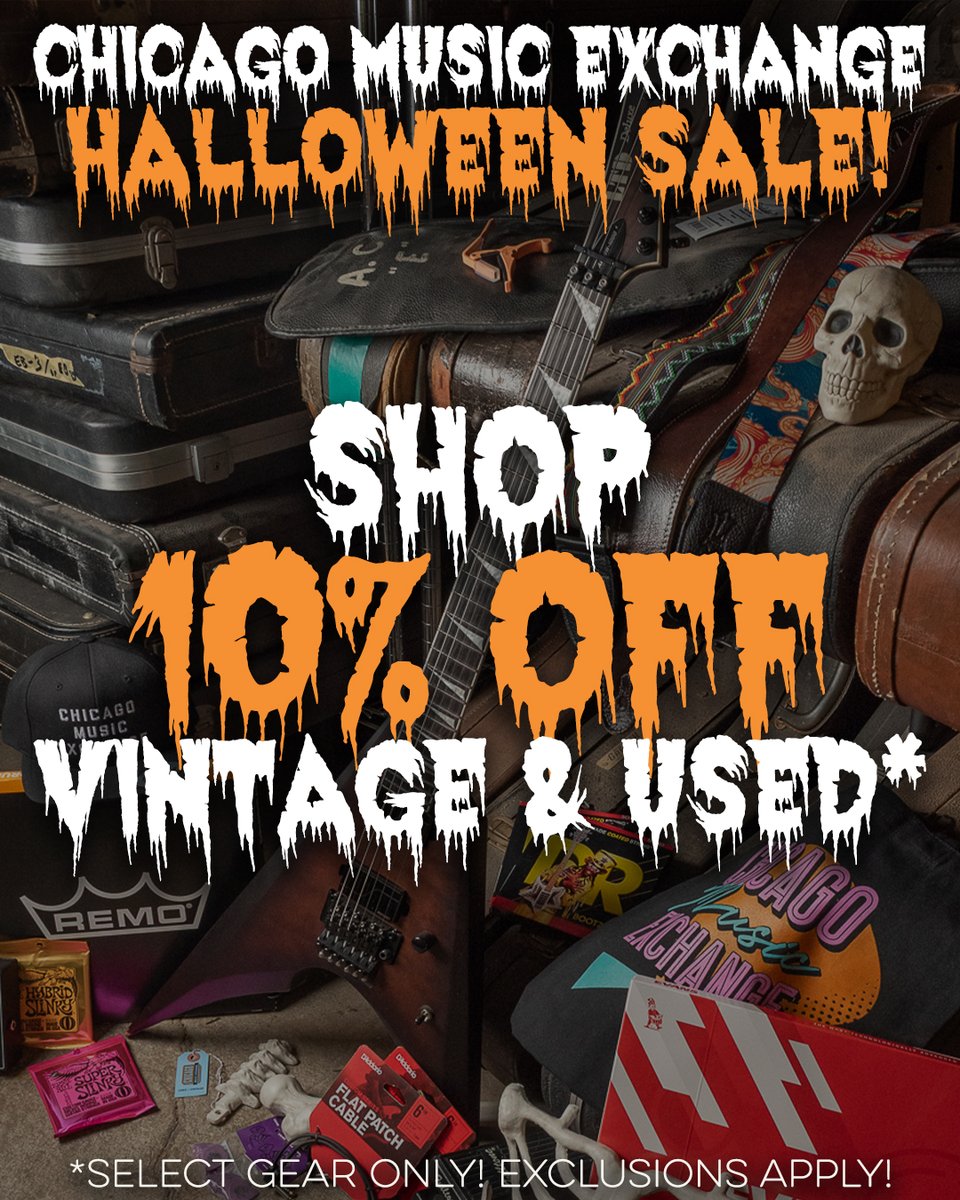 ChicagoMusicEx's tweet photo. https://t.co/mmUEkq3hXb | 👻 CME's 2026 Halloween Sale is here! Buy-One-Get-One 50% OFF select gear in our Halloween Sale Collection, plus 10% OFF select Vintage &amp; Used gear — only at Chicago Music Exchange! 🎃 #CME #CMEsale #HalloweenSale #CMElovesTrades #GuitarSale #MusicGear https://t.co/a1oEA4hpRi