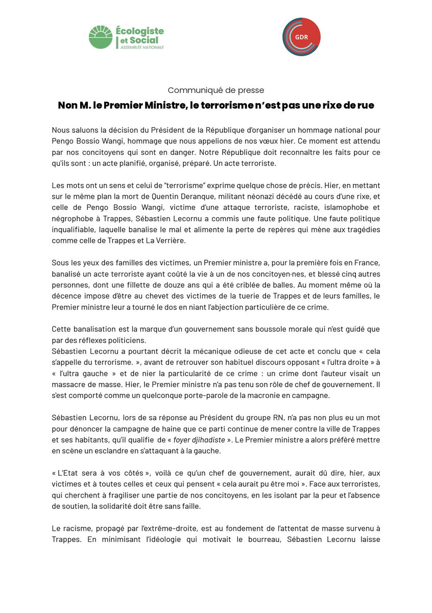 deputesPCF's tweet photo. En réponse aux QAG au sujet de l'attentat raciste de Trappes qui a coûté la vie à Pengo Bossio Wangi, le Premier ministre a évoqué la mort de Quentin Deranque, militant néonazi, tué lors d'une rixe.

Ce parallèle et ce qu'il suggère est une faute politique inqualifiable ⤵️ https://t.co/5bW8yc7gVT
