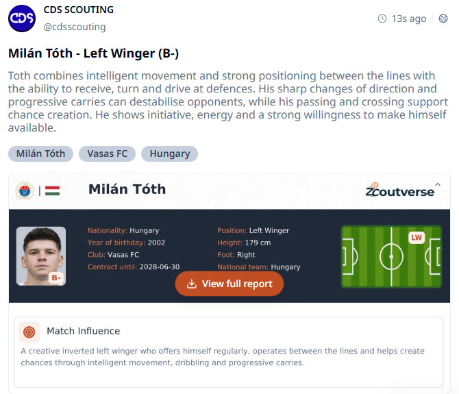 CDSScouting's tweet photo. 📄 Scouting report – Milán Tóth - Left Winger

• Turns and drives forward from between the lines
• Sharp changes of direction help him beat opponents
• Quality crossing supports chance creation

#VasasFC #ZCoutverse #scoutingReport https://t.co/pSYhXRKWxk