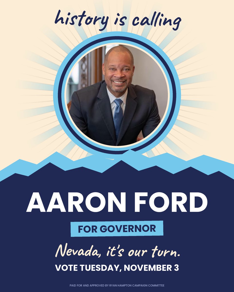 RyanForRecovery's tweet photo. In 250 years, America has elected only three Black governors. Three, out of thousands. On Tuesday, Nevada can make it four by electing Aaron Ford, who would become the 32nd Governor of Nevada and the first Black governor in our state’s history.

I’ve known Aaron for years. He’s a dad, a former teacher, and the Attorney General who took on Big Pharma and brought that money home to Nevada families. In America’s 250th year, we get to prove we’re still capable of making history. Vote by Tuesday, November 3.