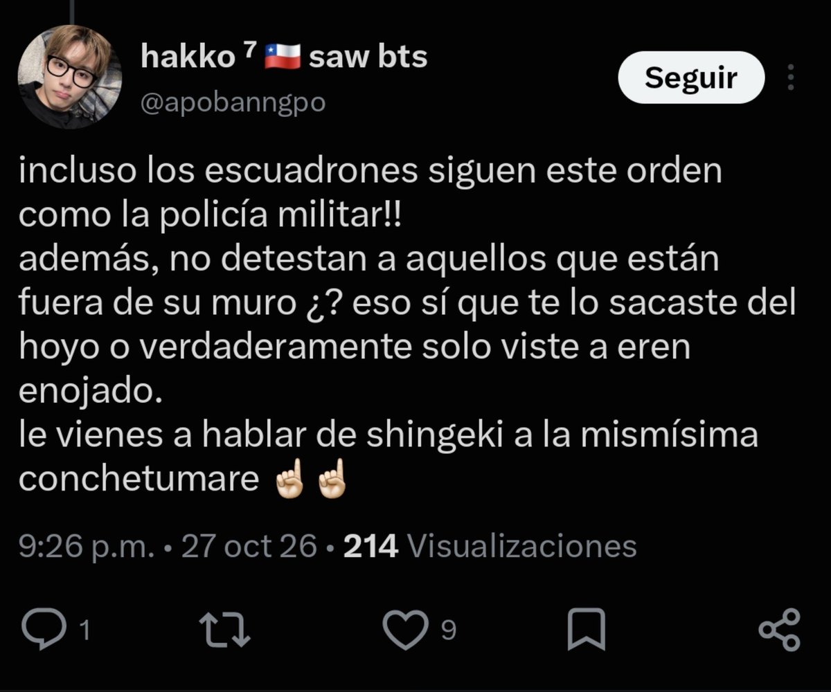 proyecto8987cl's tweet photo. @apobanngpo Esta eres tu ayer y hoy alguien que no quiere hablarlo bajándole el perfil a que es un personaje de anime "le vienes a hablar de shingeki a la mismisima" hazte la víctima, nadie te compra, chancha culia https://t.co/zpmcJlktRa