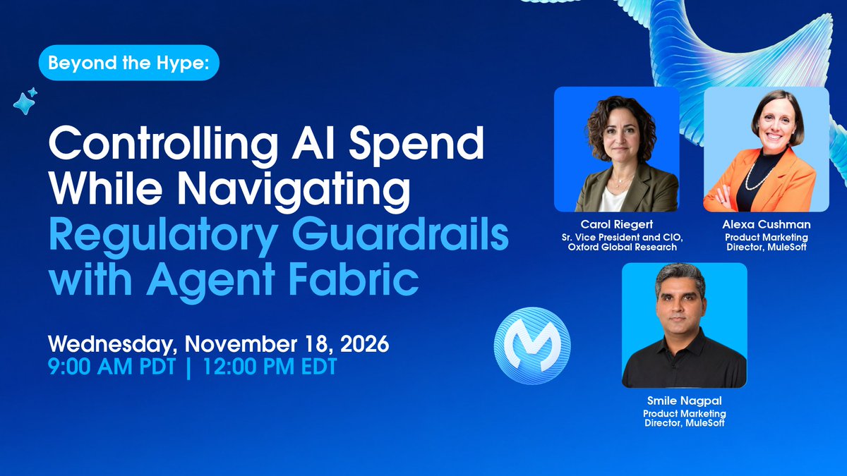 MuleSoft's tweet photo. AI agents can move fast. Spend and compliance controls need to keep pace.

Join Oxford Global Resources and MuleSoft on practical ways to track AI spend and govern agent activity as you scale. Register: https://t.co/VHIhFi6AZL https://t.co/xbCgXZCE8K