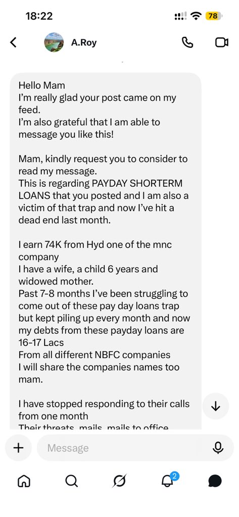 aarushisharmaX's tweet photo. 🚨 EXCLUSIVE: ₹74,000 MONTHLY SALARY. ₹16–17 LAKH IN DEBT. 32 LOANS LISTED.

Another disturbing account of India’s payday loan crisis has reached us.

A Hyderabad-based MNC employee has contacted @aarushisharmaX, describing how his financial life allegedly collapsed within just 7–8 months.

He earns ₹74,000 per month and supports his wife, young child and widowed mother.

Today, he says he is trapped in approximately ₹16–17 lakh of debt across multiple payday loan app lenders.

📄 He shared a spreadsheet listing 32 loan accounts, including several short-term loans with stated charges of 1%–1.25% per day. ( screenshot in 1st reply) 

According to his account:

🔴 Repeated borrowing caused his outstanding debt to escalate.

🔴 Recovery callers allegedly threatened him and contacted his workplace.

🔴 Local recovery representatives allegedly pressured him for payments.

🔴 He says he has even paid money separately to manage some recovery-related pressure.

💔 The most disturbing part?

He describes severe anxiety, sleepless nights and thoughts of self-harm.

This is no longer just a question of interest rates. It is a question of borrower protection, financial vulnerability and human dignity.

QUESTIONS FOR @RBI AND @FinMinIndia:

How are multiple lenders assessing repayment capacity before approving further loans?

Are the disclosed daily charges and repayment demands compliant with applicable regulations?

Who is investigating allegations of workplace threats and coercive recovery?

What meaningful relief is available to borrowers trapped in repeated high-cost borrowing?

A LOAN SHOULD NEVER COST SOMEONE THEIR PEACE, DIGNITY OR LIFE.

We are withholding the borrower’s identity for privacy and safety.

The allegations and loan records require independent verification. The lenders concerned should have an opportunity to respond.

— Aarushi Sharma | @aarushisharmaX

#LoanAppAtyachar #PaydayLoanTrap #BorrowerRights  #loanrecovery