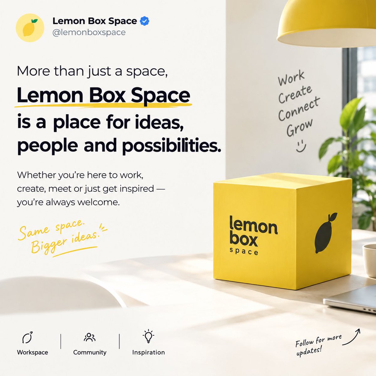 LemonBoxspace's tweet photo. 🍋 More than just a space — it’s where ideas grow.

Welcome to Lemon Box Space, a place to work, create, connect, and explore new possibilities.

Big ideas start with a little spark. ✨

Let’s build something amazing together.

#LemonBoxSpace #Community #Innovation https://t.co/kRvM2mbmRY