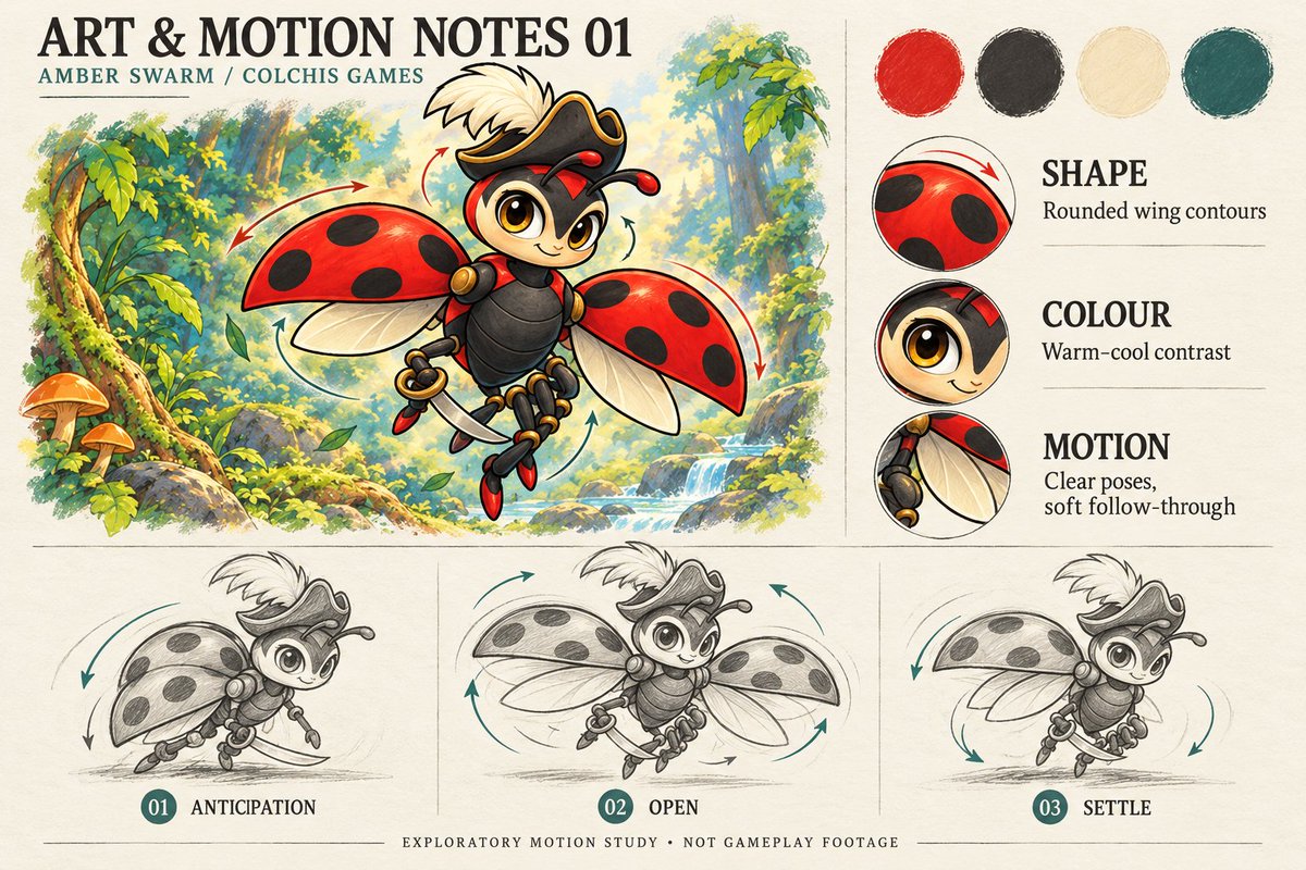 COLCHISGAMES's tweet photo. Art &amp; Motion Notes 01: Amber Swarm 🐞

Our pirate ladybug is built from rounded shapes, and warm red against cool forest teal keeps it readable on a phone.

Three test poses: anticipation → open → settle. Which is your favourite?

AI-assisted study from our character art. https://t.co/XJoLbzDmDL