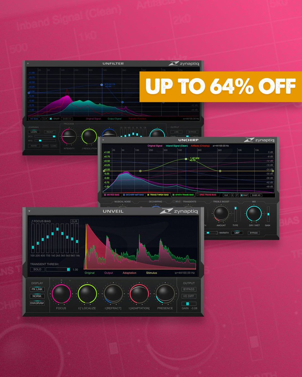 pluginfox's tweet photo. Zynaptiq Repair Sale 🎛️
Save up to 64% on Unchirp, Unveil, and Unfilter
Buy here - https://t.co/GyrhYCbtfj
Sale ends November 22nd ⏰
@zynaptiq #zynaptiq #pluginfox #plugindeals #pluginsales #dtm #plugins #vstplugins https://t.co/oyPAhnDY8r