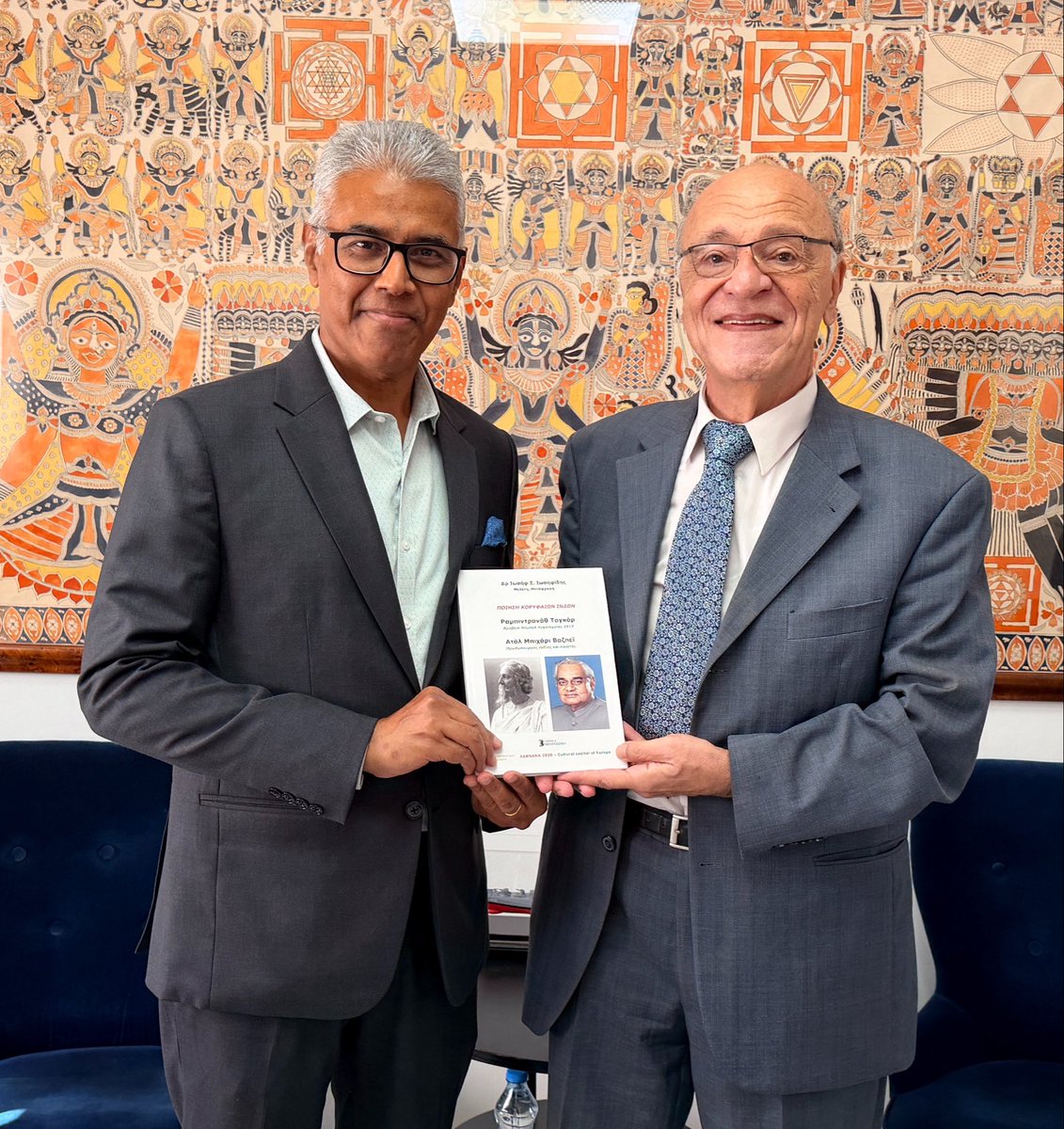IndiainCyprus's tweet photo. 🇮🇳🇨🇾 “𝐖𝐡𝐲 𝐝𝐨𝐞𝐬 𝐚 𝐏𝐫𝐢𝐦𝐞 𝐌𝐢𝐧𝐢𝐬𝐭𝐞𝐫 𝐰𝐫𝐢𝐭𝐞 𝐩𝐨𝐞𝐭𝐫𝐲?”
📖 This intriguing question led a distinguished Cypriot scholar to discover the 𝐩𝐡𝐢𝐥𝐨𝐬𝐨𝐩𝐡𝐞𝐫 𝐛𝐞𝐡𝐢𝐧𝐝 𝐭𝐡𝐞 𝐬𝐭𝐚𝐭𝐞𝐬𝐦𝐚𝐧, Bharat Ratna Shri Atal Bihari Vajpayee, and translate 𝟑𝟎 𝐨𝐟 𝐡𝐢𝐬 𝐩𝐨𝐞𝐦𝐬 𝐢𝐧𝐭𝐨 𝐆𝐫𝐞𝐞𝐤.

During an interaction with High Commissioner Mr. Manish @ManishGIfs, Dr. Iosif S. Iosifidis, a mathematician, economist, poet and former President of the Cyprus Writers’ Union and Cyprus Academy of Sciences, spoke with remarkable enthusiasm about his literary journey.

🔹 𝐀 𝐏𝐫𝐢𝐦𝐞 𝐌𝐢𝐧𝐢𝐬𝐭𝐞𝐫 𝐚𝐧𝐝 𝐚 𝐒𝐭𝐨𝐢𝐜 𝐩𝐡𝐢𝐥𝐨𝐬𝐨𝐩𝐡𝐞𝐫?
Drawing a fascinating parallel with Marcus Aurelius, the Roman emperor and Stoic philosopher, Dr. Iosifidis reflected on Vajpayee’s deeply introspective poetry, exploring peace, human dignity, humility and society.

🔹 𝐖𝐡𝐚𝐭 𝐦𝐨𝐯𝐞𝐝 𝐡𝐢𝐦 𝐦𝐨𝐬𝐭?
Vajpayee’s prayer that even the greatest heights of achievement should never distance a person from fellow human beings.

For Dr. Iosifidis, it was not merely Vajpayee’s position as Prime Minister, but the depth of his thoughts and the human values expressed through his poetry that inspired such admiration.

🌏 𝐅𝐫𝐨𝐦 𝐈𝐧𝐝𝐢𝐚 𝐭𝐨 𝐂𝐲𝐩𝐫𝐮𝐬, 𝐩𝐨𝐞𝐭𝐫𝐲 𝐛𝐞𝐲𝐨𝐧𝐝 𝐛𝐨𝐫𝐝𝐞𝐫𝐬.
Atal Ji’s verses have found a new voice in Greek, connecting cultures through ideas that transcend language and geography.

🎥 𝐖𝐚𝐭𝐜𝐡 Dr. Iosifidis speak passionately about the poet and philosopher he discovered in Atal Bihari Vajpayee.
#AtalBihariVajpayee #AtalJi #IndiaCyprus #CulturalDiplomacy

@narendramodi @DrSJaishankar @BJP4India @ANI  @DDNewslive  @prasarbharati @diaspora_india @DDIndialive @MinOfCultureGoI @iccr_hq @the_hindu  @sidhant @indiatoday @sahityaakademi @DimosLarnakas