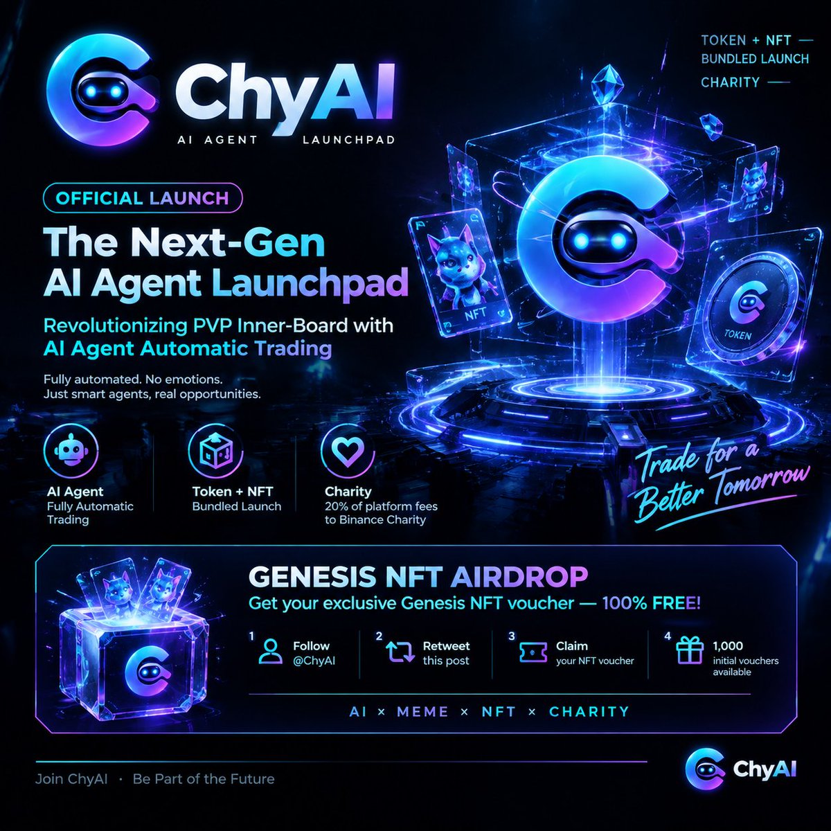 ChyAI_Official's tweet photo. 🚀 Introducing ChyAI — The AI Agent Launchpad.

We're building a new kind of meme launchpad, powered by autonomous AI agents.

https://t.co/NbxLJjOQrL

🤖 AI Agent-powered meme launches
💎 Token + NFT bundled launches
💙 20% of platform fees allocated to Binance Charity*

🎁 GENESIS NFT VOUCHER AIRDROP

1️⃣ Follow @ChyAI_Official
2️⃣ Retweet this post
3️⃣ One voucher per X account
4️⃣ 1,000 initial vouchers available

No ordinary launchpad. A new era of AI-driven markets.

AI × MEME × NFT × CHARITY

Follow us and be part of the launch.

#ChyAI #AIAgent #MemeLaunchpad #NFT #Crypto #BinanceAgentID #AIAgents #BNBChain