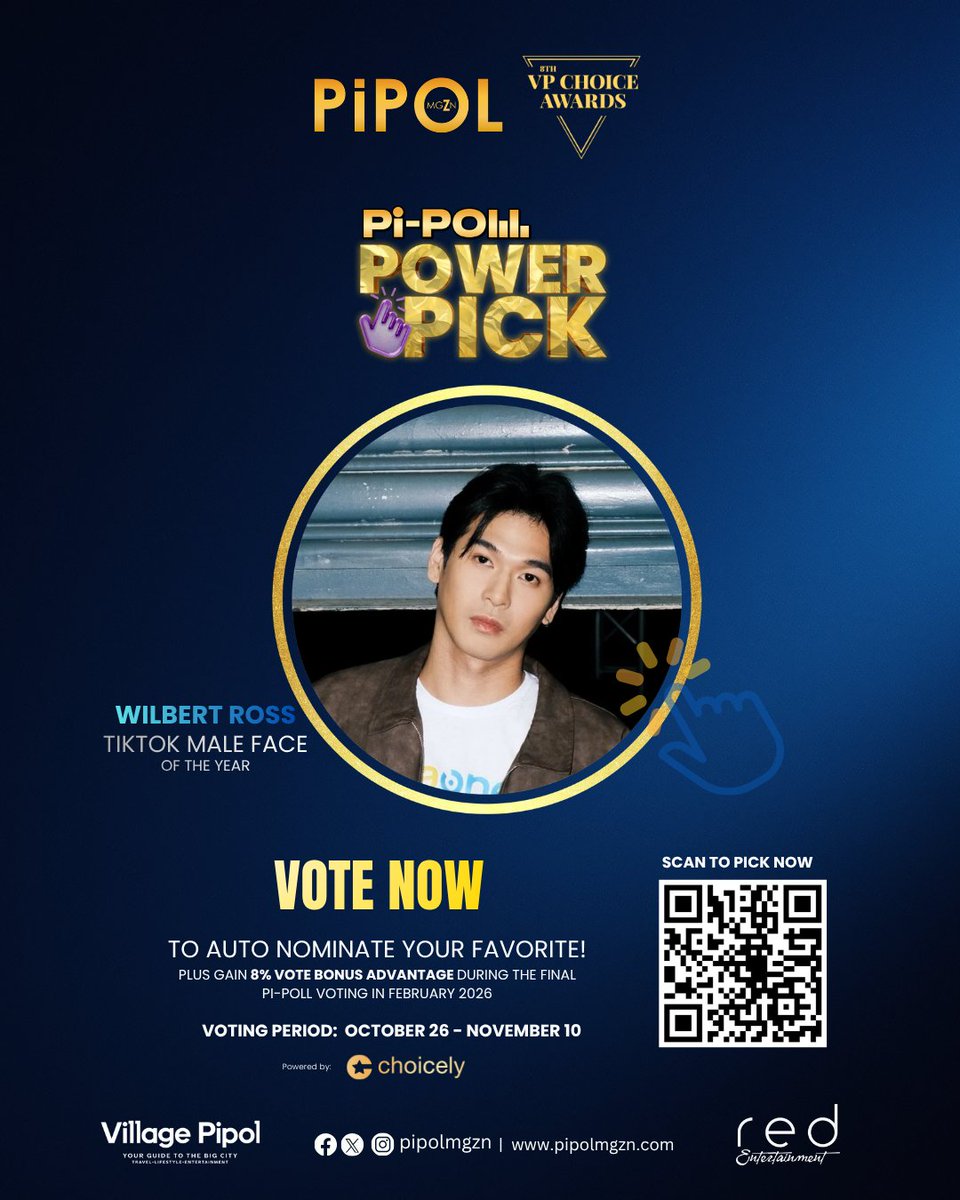 vpchoiceawards's tweet photo. PIPOL! Iis #WilbertRoss your POWER PICK for MALE TIKTOK FACE?

Reshare this and cast your votes now to help your favorite nominee get one step closer to an official VPCA nomination

🗳️ HOW TO VOTE
🌐 Visit the official web voting portal powered by Choicely:
https://t.co/bhoFAqkZP3
▶️Cast your FREE VOTES every 30 minutes!
▶️ Use PREMIUM VOTES to give your favorite an extra boost!
▶️Voting ends on November 10, 2026. Don’t miss out!

📣 IMPORTANT REMINDERS
▶️ The winning nominee will automatically secure an official nomination in the 8th VP Choice Awards, ahead of the regular deliberation process.
▶️The winner will also receive an 8% VOTE BOOST advantage during the final voting period in February 2027!

📖 Want to know more? Read the complete nomination and voting mechanics here:
https://t.co/wNhj0uU9MI

#8thVPChoiceAwards #VPChoiceAwards