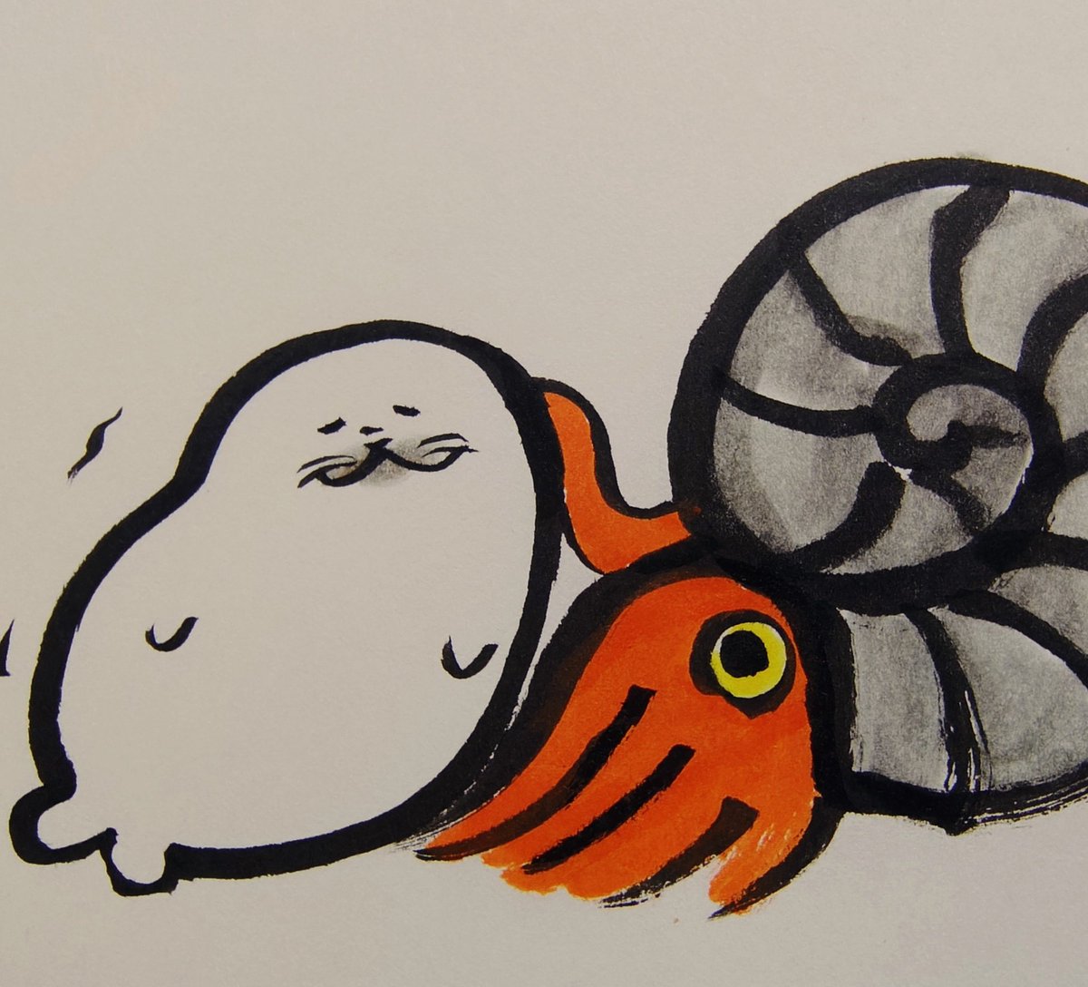 jissunboshi96's tweet photo. アンモナイトと仲良くなったアザラシを描きました。 https://t.co/dmvJt87HSA