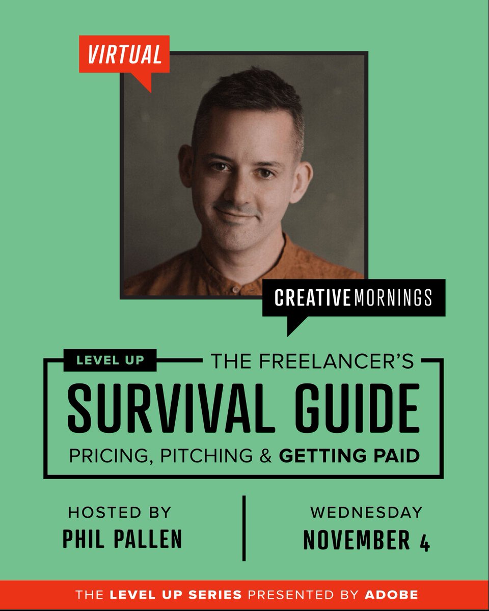 creativemorning's tweet photo. Get confident dealing with clients. Learn how to set rates, pitch yourself clearly, and create boundaries using simple contracts. This Virtual FieldTrip is hosted by Phil Pallen and presented by Adobe as part of our Level Up series. https://t.co/wn4KNkw2vM #CMfieldtrips https://t.co/ABmEHCOcFE
