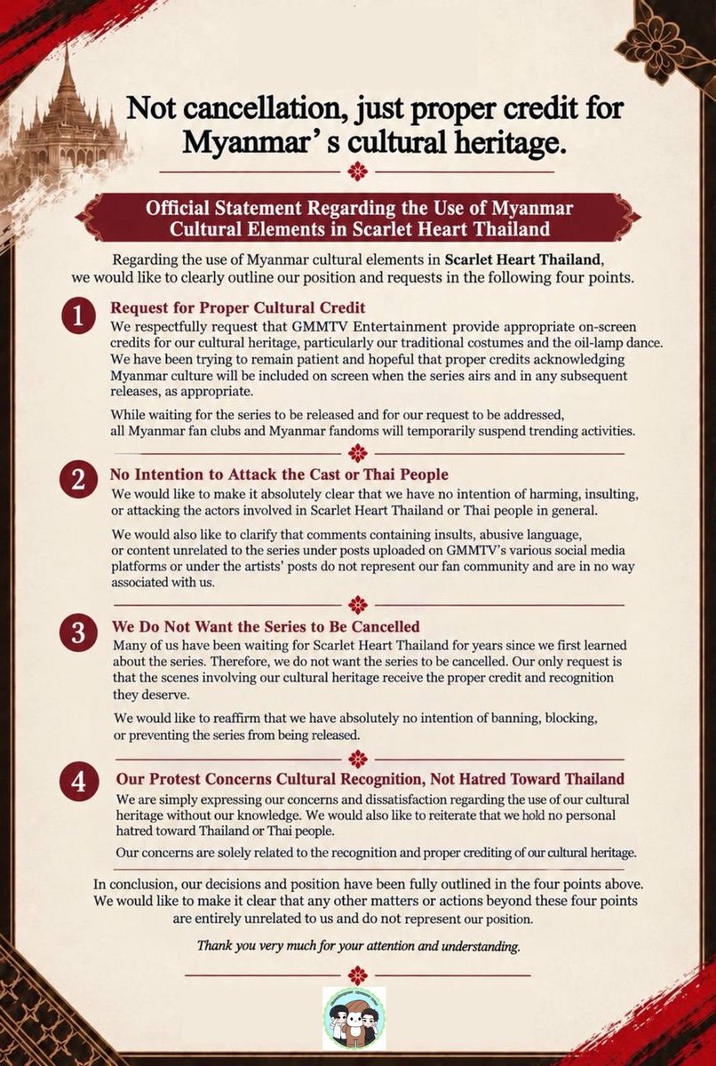 ZinKoLiny5's tweet photo. Cultural appropriation without proper acknowledgment is unacceptable. We urge @GMMTV &amp; @tha_sataporn to give official on-screen credit to Myanmar culture in #ScarletHeartTH. Respect our cultural heritage with accountability. 🇲🇲✨

#ScarletHeartTH #GMMTV #RespectMyanmarCulture https://t.co/A9qebBnHnC