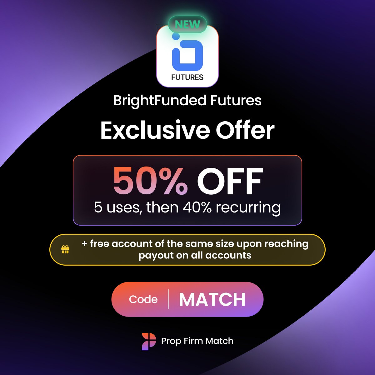 PropFirmMatch's tweet photo. Exclusive Prop Firm Match Offer

- 50% off the first 5 uses, then 40% off
- Free same-size account at payout
- Ends November 1

Code: MATCH ✅ https://t.co/LsV0twnvzI